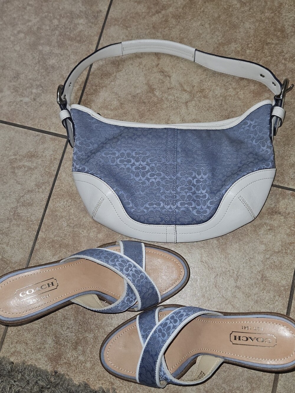 Coach Blue and White Monogram Bag with Matching Heeled Sandals - Picture 3 of 9
